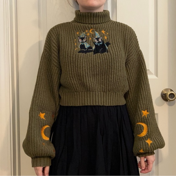 ROMWE Sweaters - Green Witch Wizard Cats Moon and Stars Crop Turtleneck Sweater